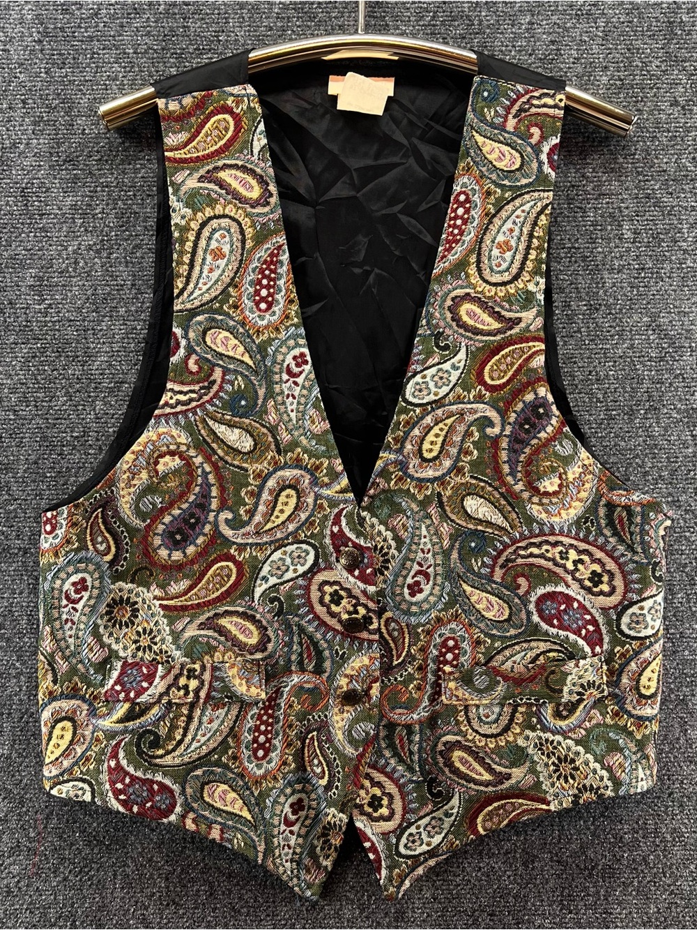 Vintage Paisley Tapestry Vest Large Multicolor 3- Button Waistcoat Boho USA Made